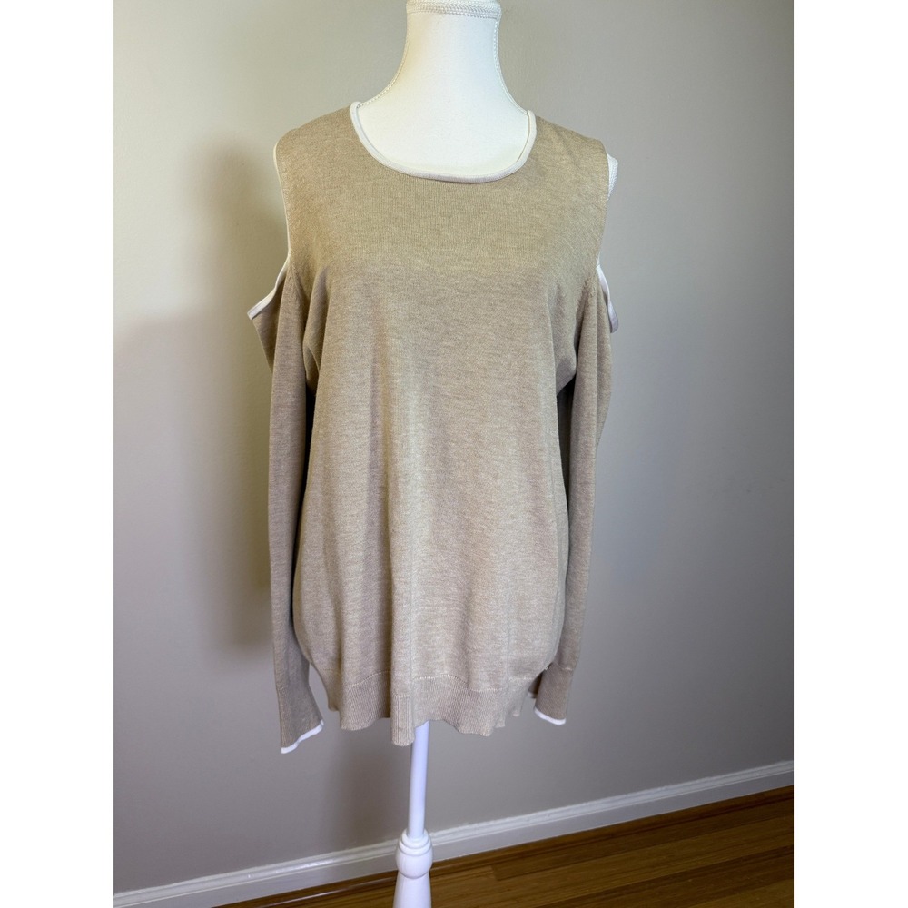 Calvin Klein Cold Shoulder Sweater Women M Tan Knit Office Preppy Minimalist